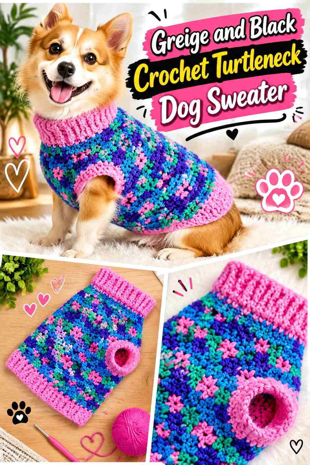 Greige and Black Crochet Turtleneck Dog Sweater