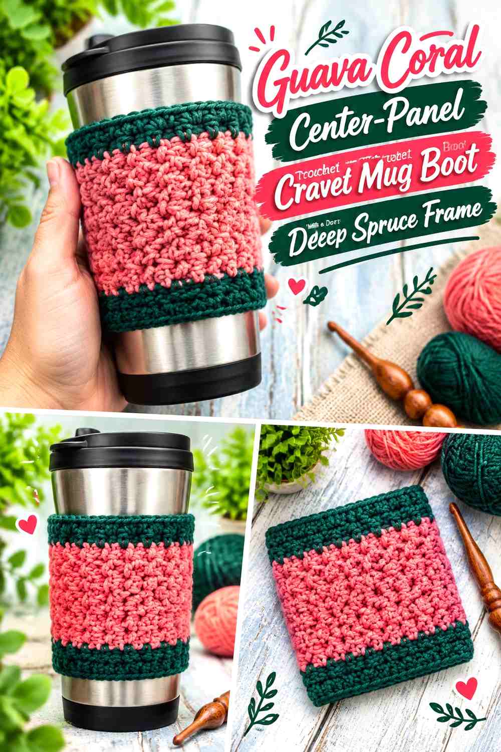 Guava Coral Center-Panel Crochet Travel Mug Boot With a Deep Spruce Frame