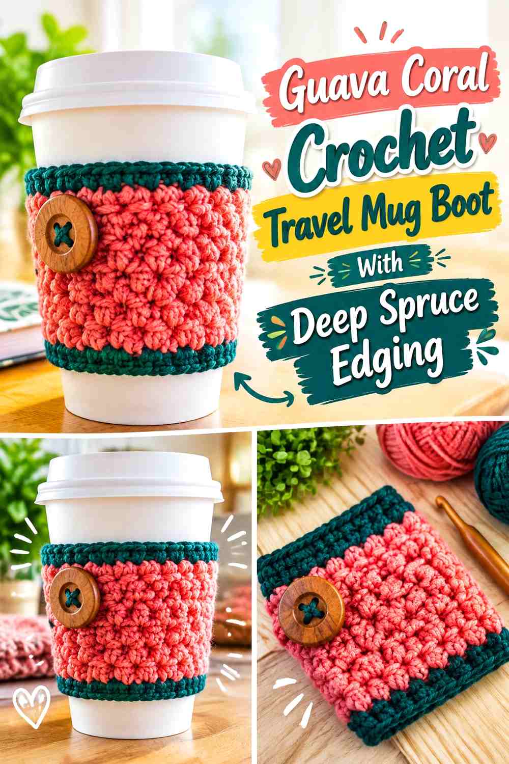 Guava Coral Crochet Travel Mug Boot With Deep Spruce Edging