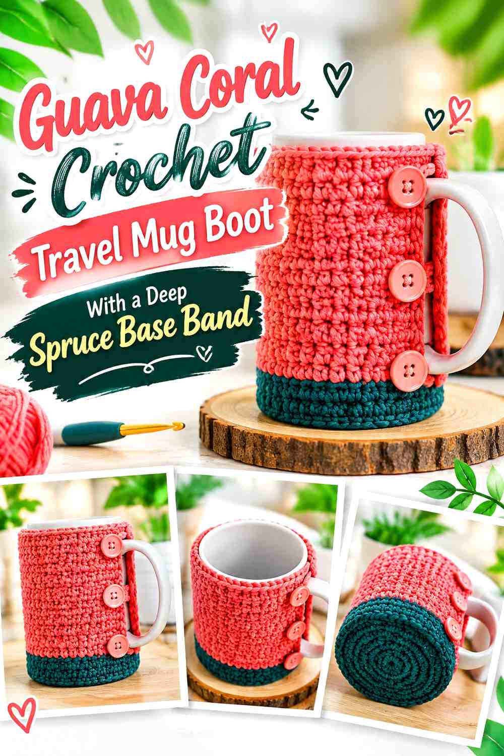 Guava Coral Crochet Travel Mug Boot With a Deep Spruce Base Band