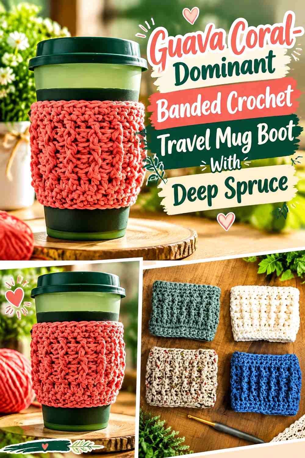 Guava Coral-Dominant Banded Crochet Travel Mug Boot With Deep Spruce