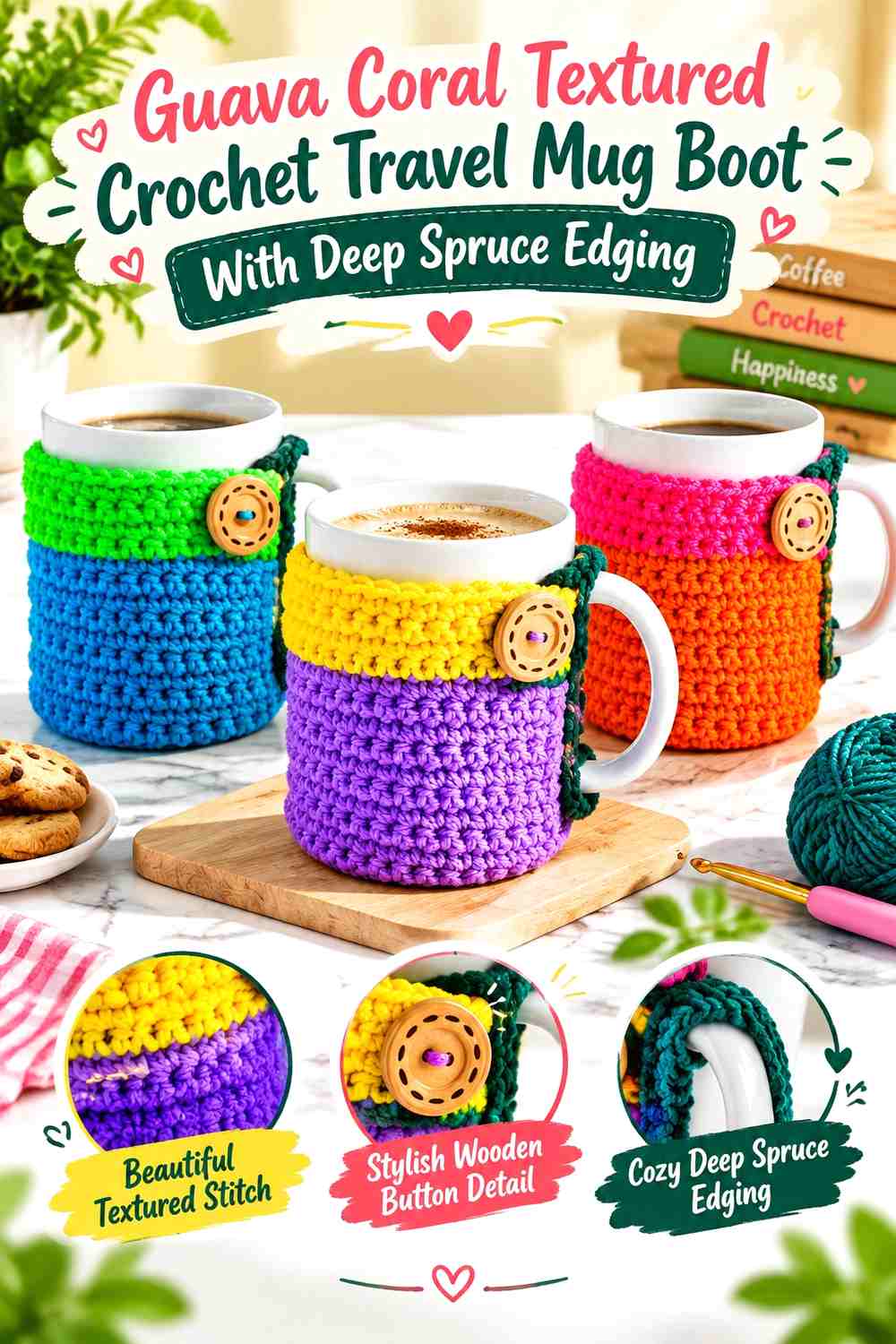 Guava Coral Textured Crochet Travel Mug Boot With Deep Spruce Edging