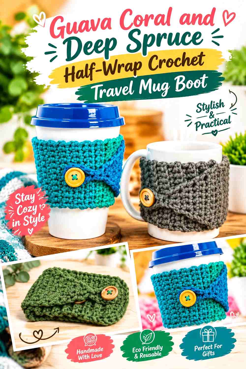Guava Coral and Deep Spruce Half-Wrap Crochet Travel Mug Boot