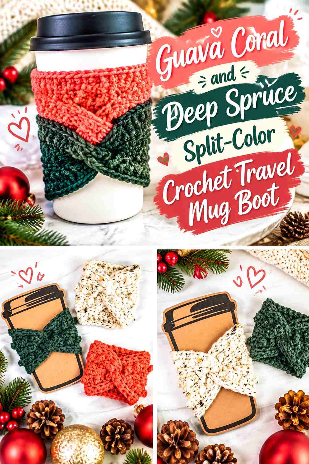 Guava Coral and Deep Spruce Split-Color Crochet Travel Mug Boot
