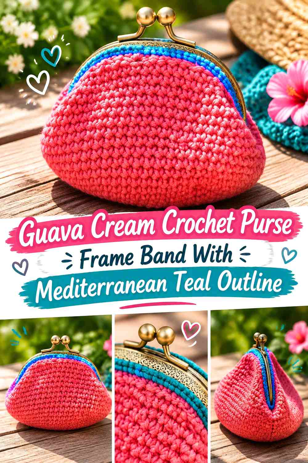 Guava Cream Crochet Purse Frame Band With Mediterranean Teal Outline