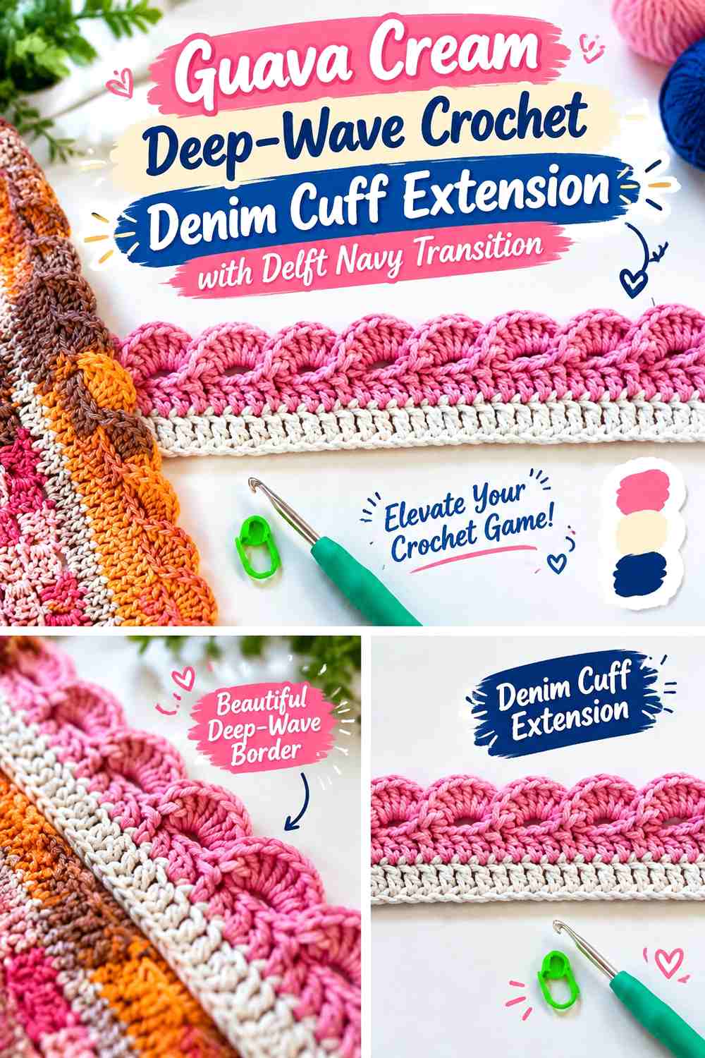 Guava Cream Deep-Wave Crochet Denim Cuff Extension with Delft Navy Transition