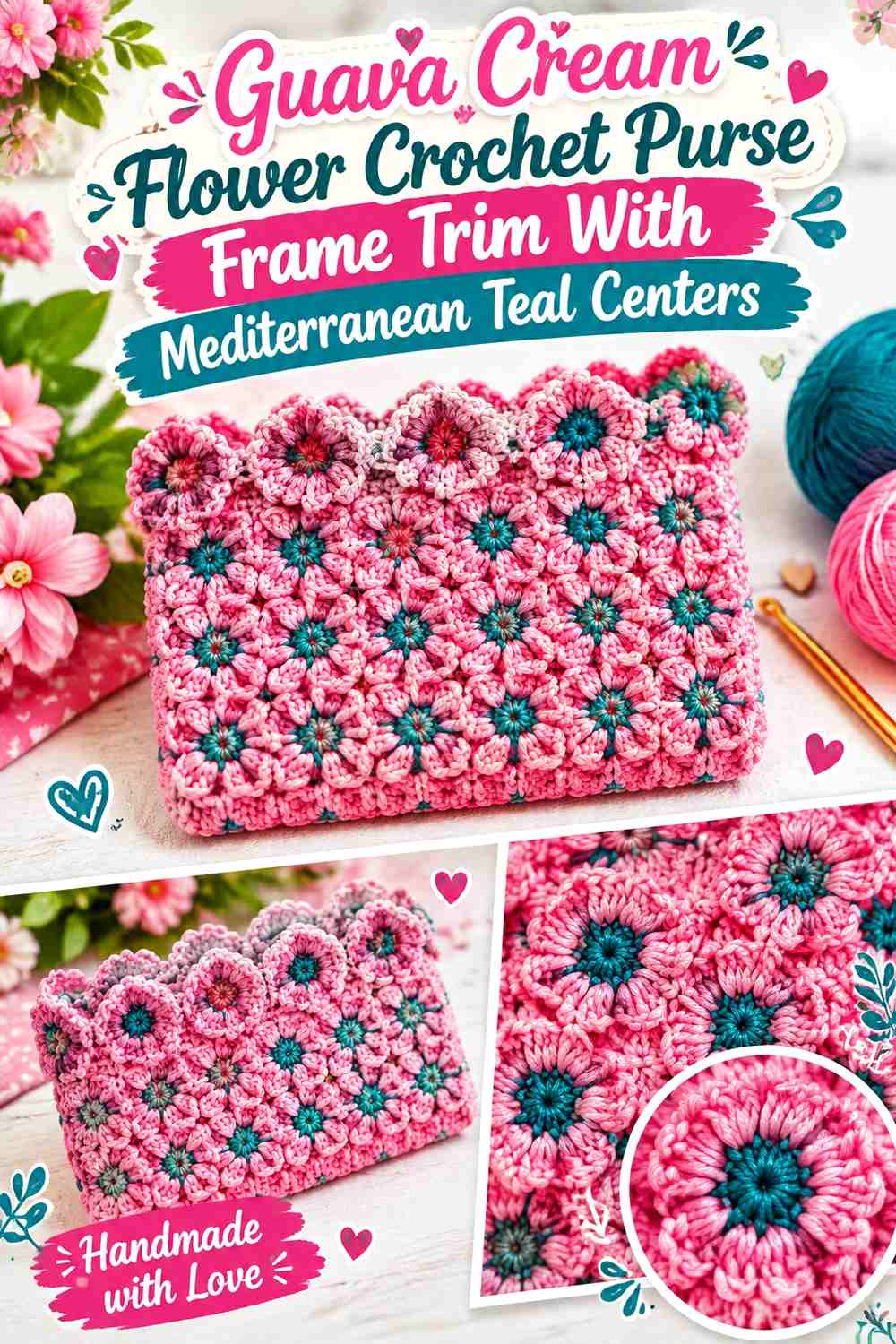 Guava Cream Flower Crochet Purse Frame Trim With Mediterranean Teal Centers