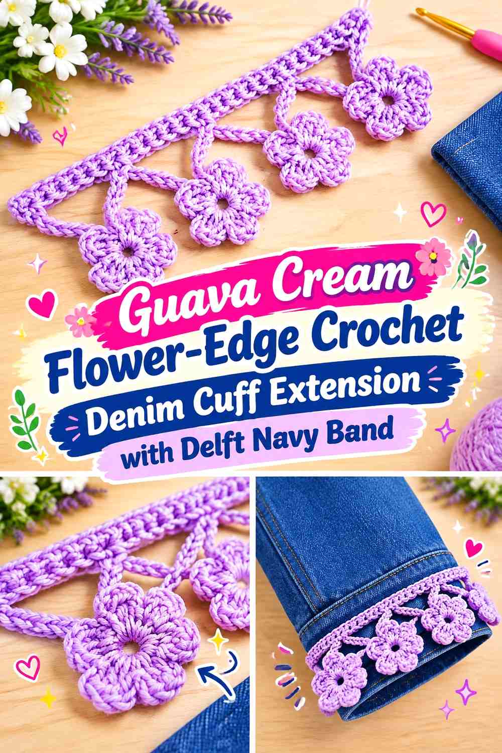 Guava Cream Flower-Edge Crochet Denim Cuff Extension with Delft Navy Band