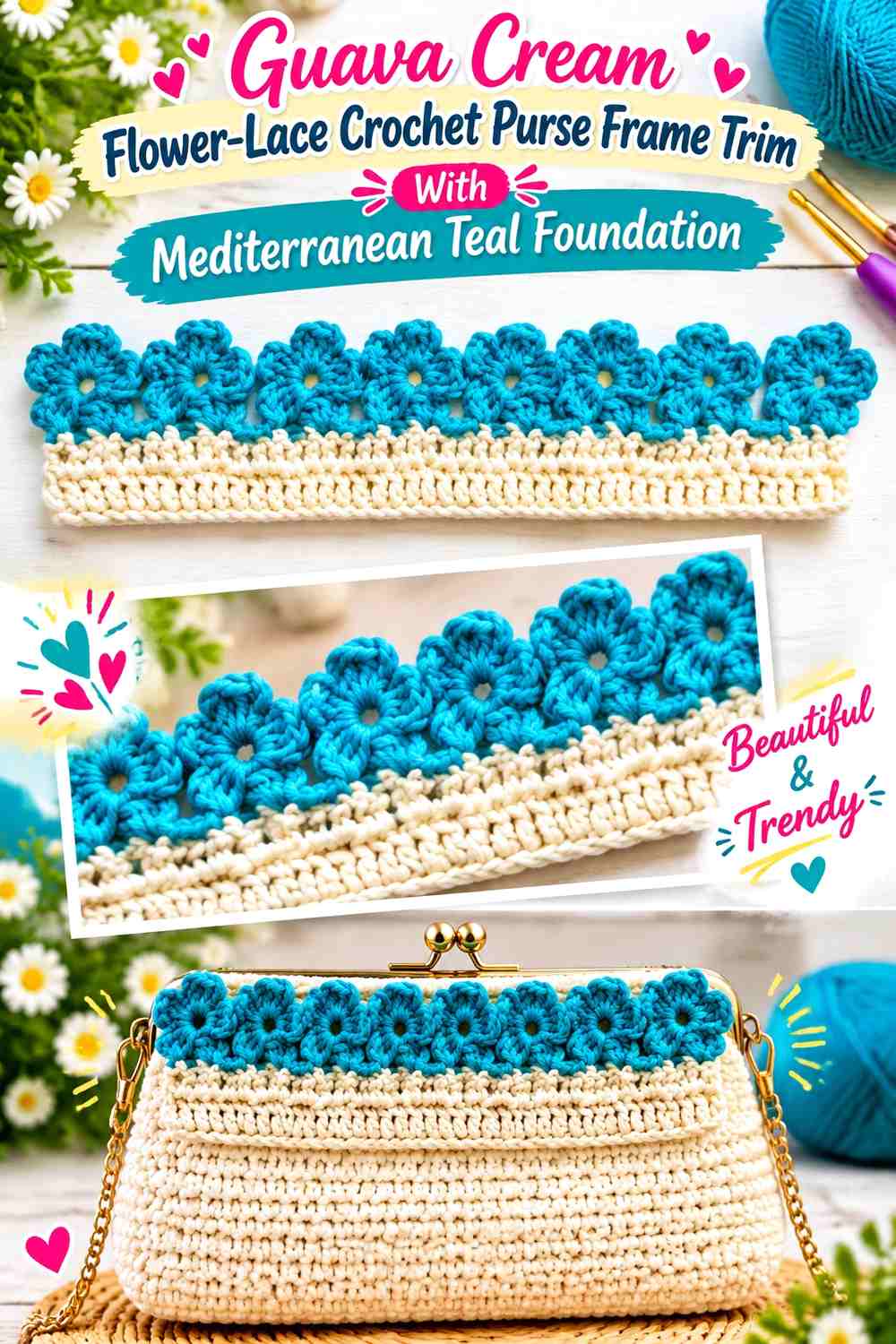 Guava Cream Flower-Lace Crochet Purse Frame Trim With Mediterranean Teal Foundation