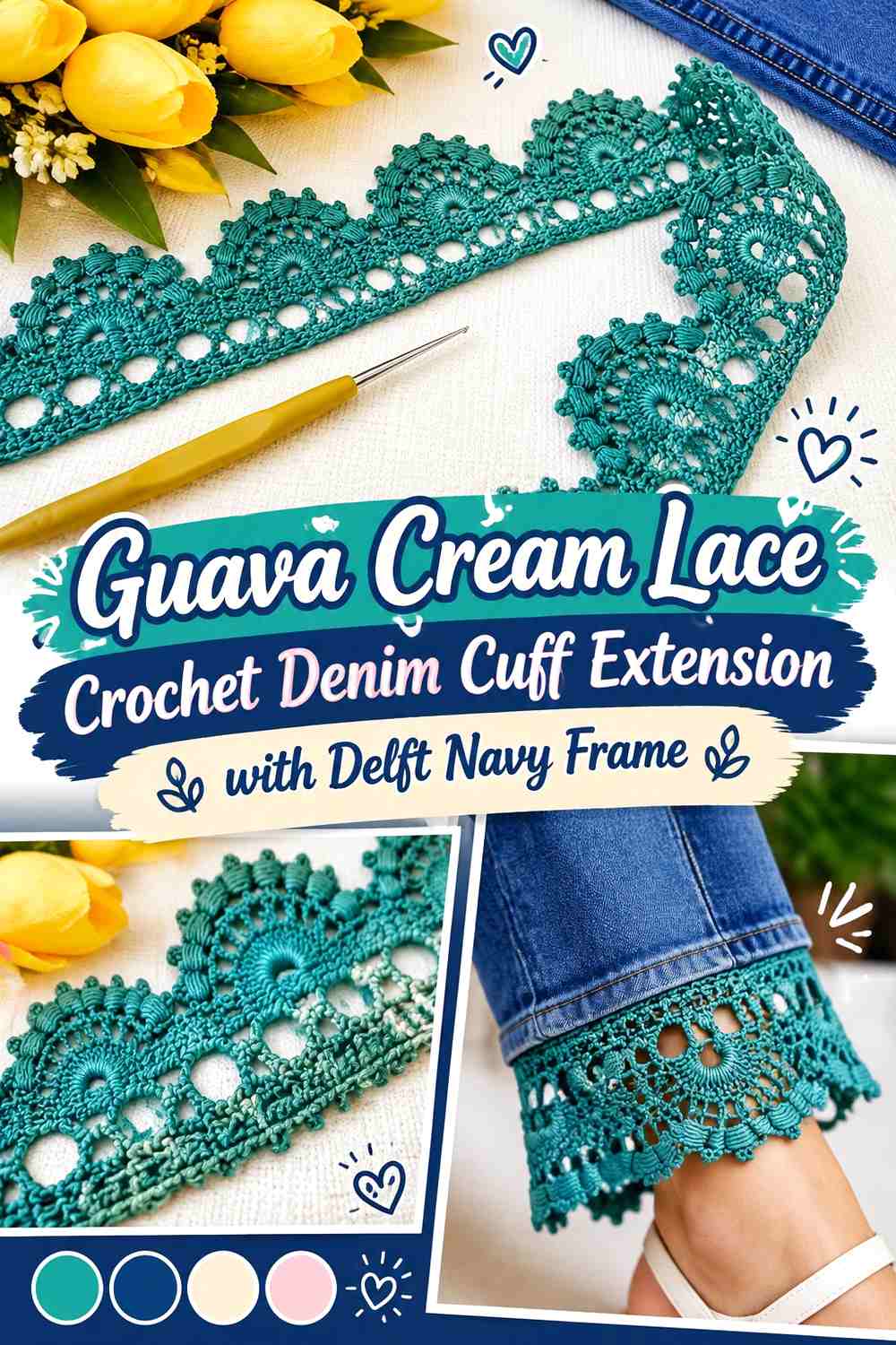 Guava Cream Lace Crochet Denim Cuff Extension with Delft Navy Frame