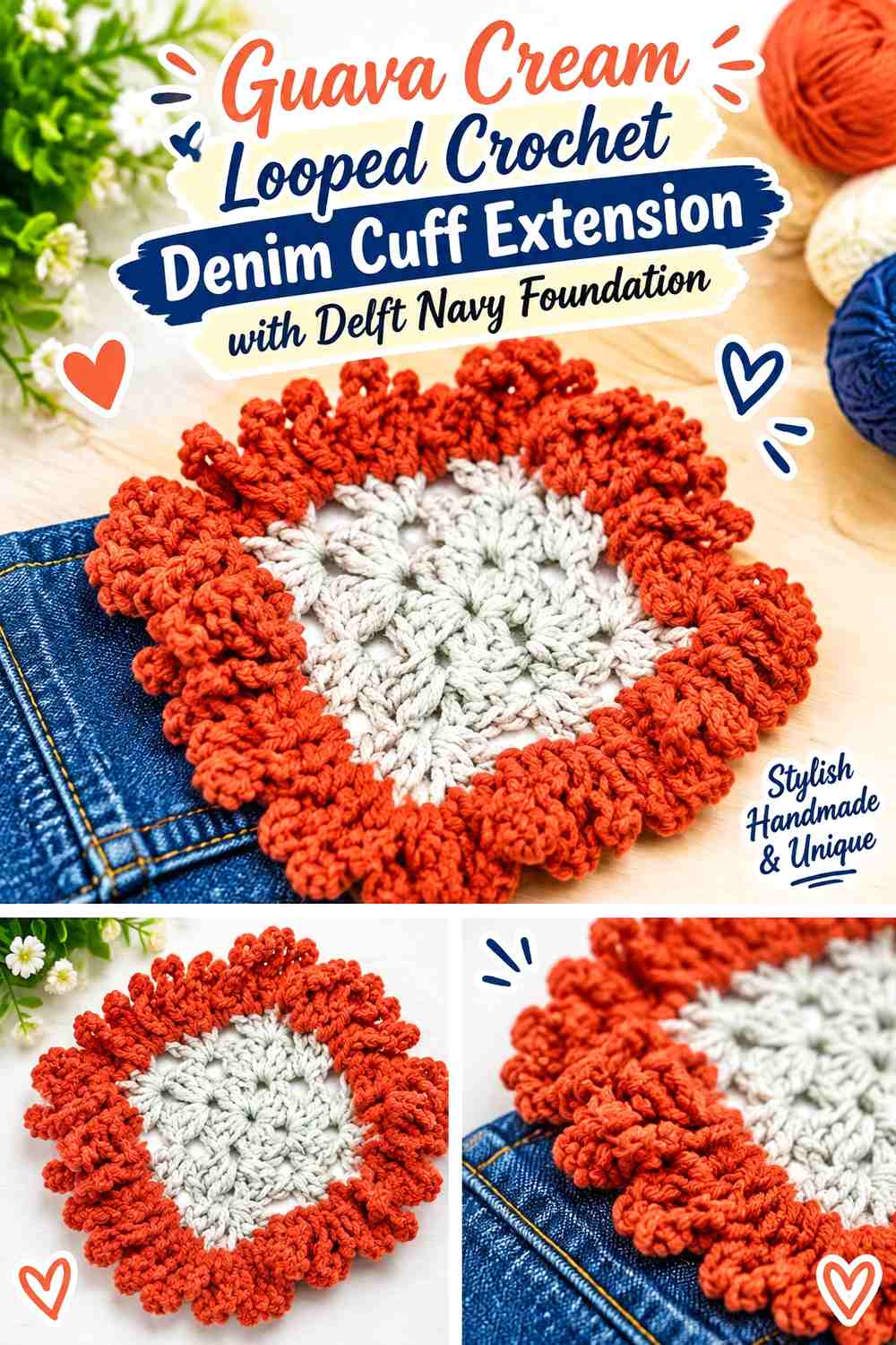Guava Cream Looped Crochet Denim Cuff Extension with Delft Navy Foundation