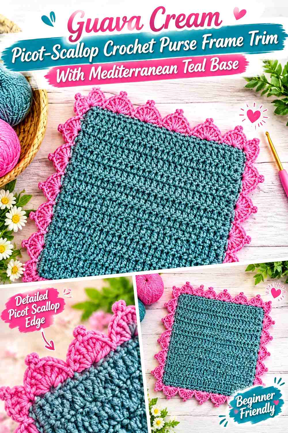 Guava Cream Picot-Scallop Crochet Purse Frame Trim With Mediterranean Teal Base