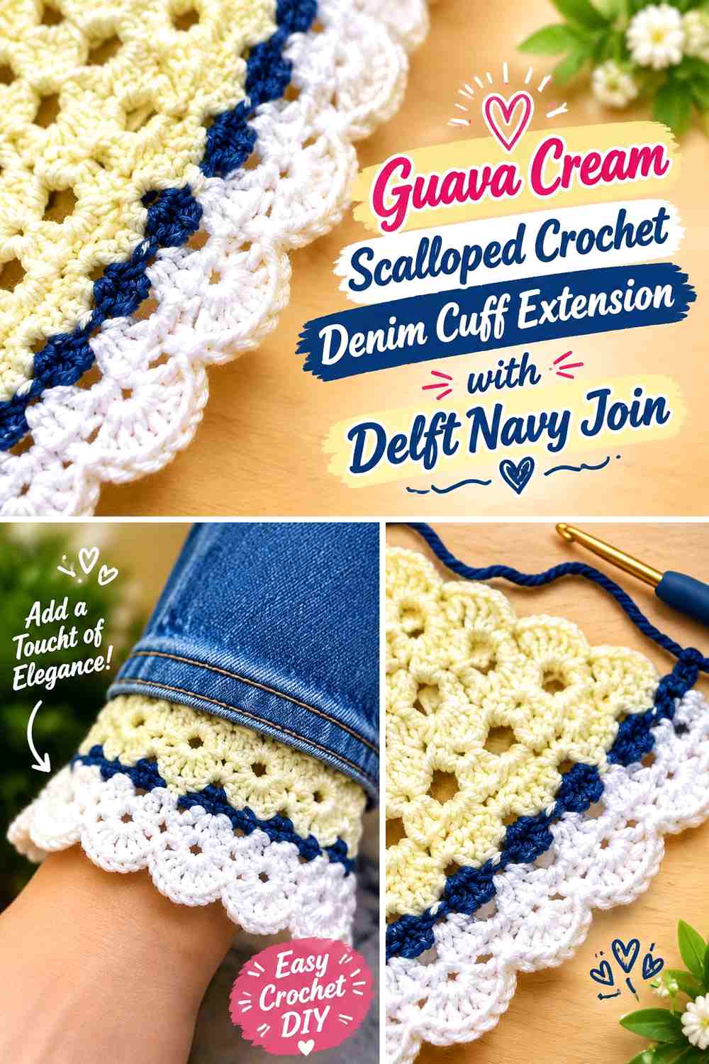 Guava Cream Scalloped Crochet Denim Cuff Extension with Delft Navy Join