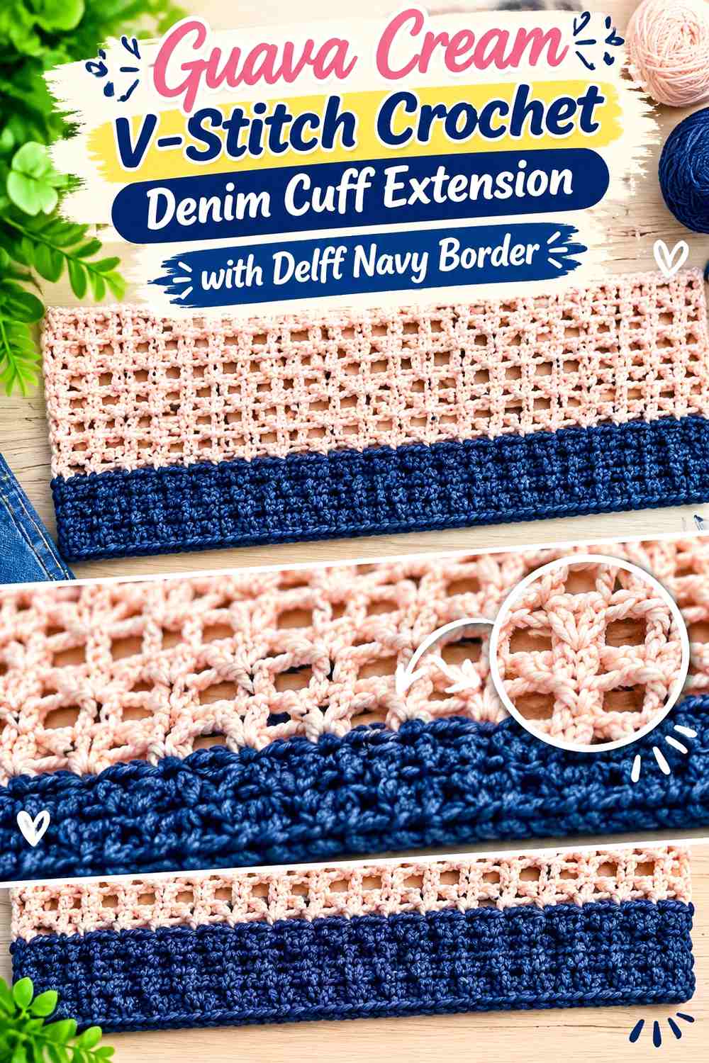 Guava Cream V-Stitch Crochet Denim Cuff Extension with Delft Navy Border
