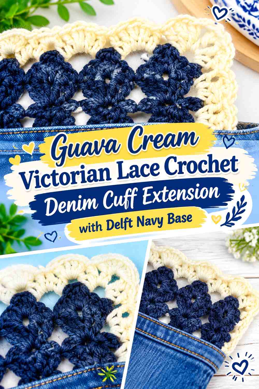 Guava Cream Victorian Lace Crochet Denim Cuff Extension with Delft Navy Base