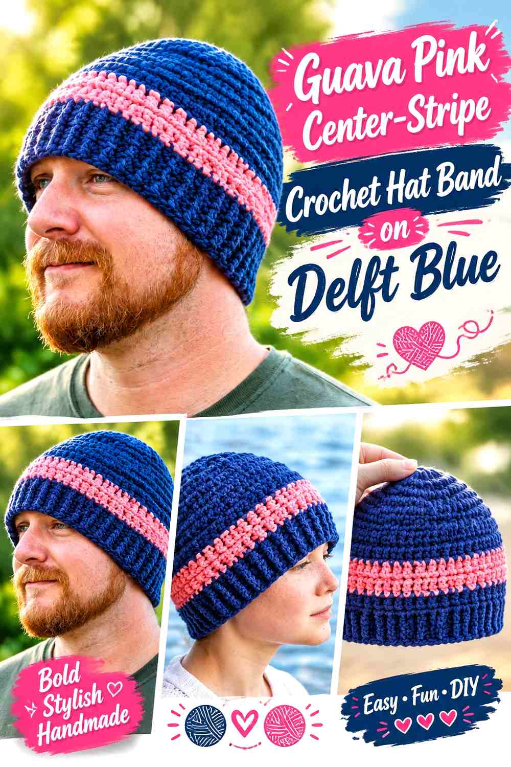 Guava Pink Center Stripe Crochet Hat Band on Delft Blue