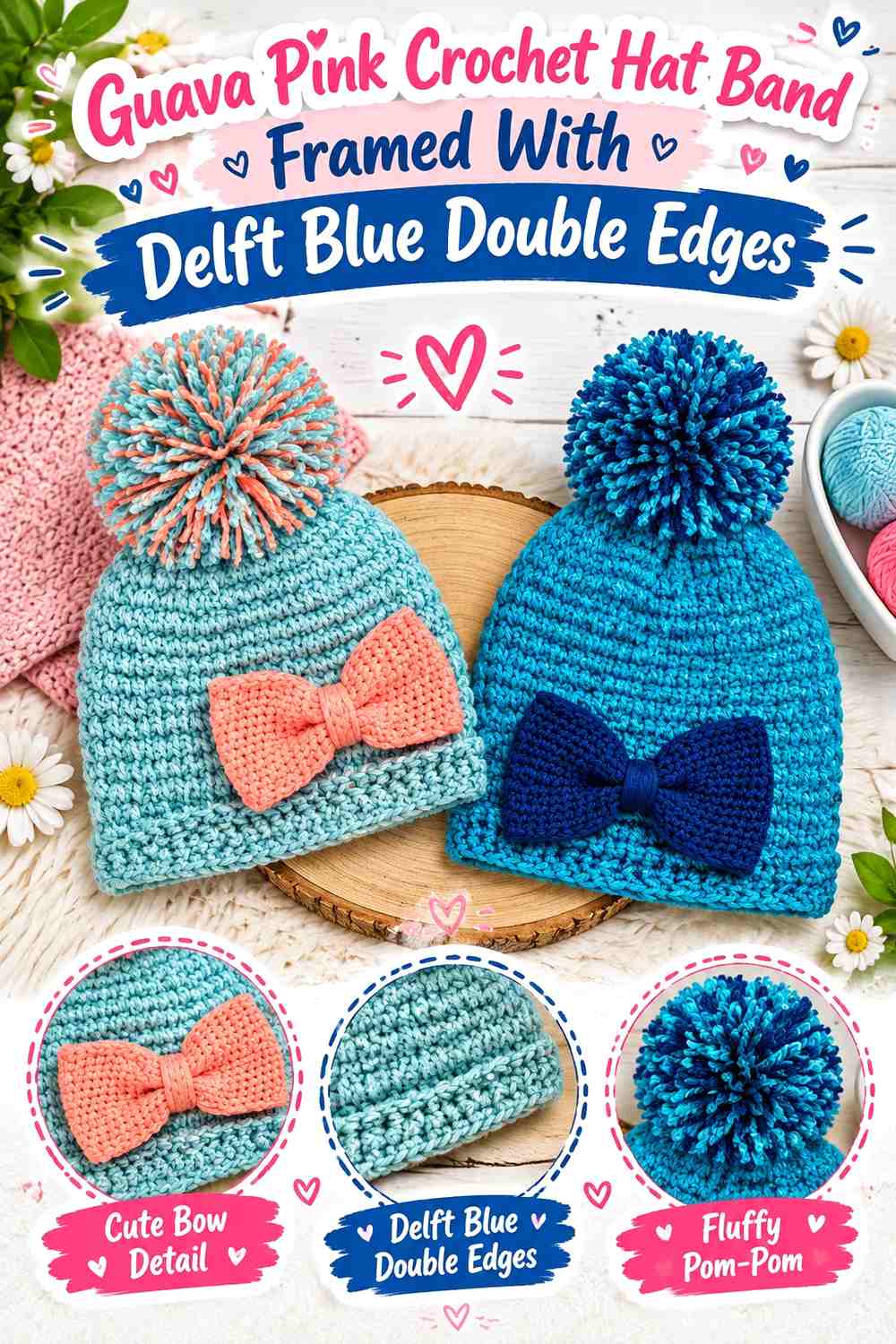 Guava Pink Crochet Hat Band Framed With Delft Blue Double Edges