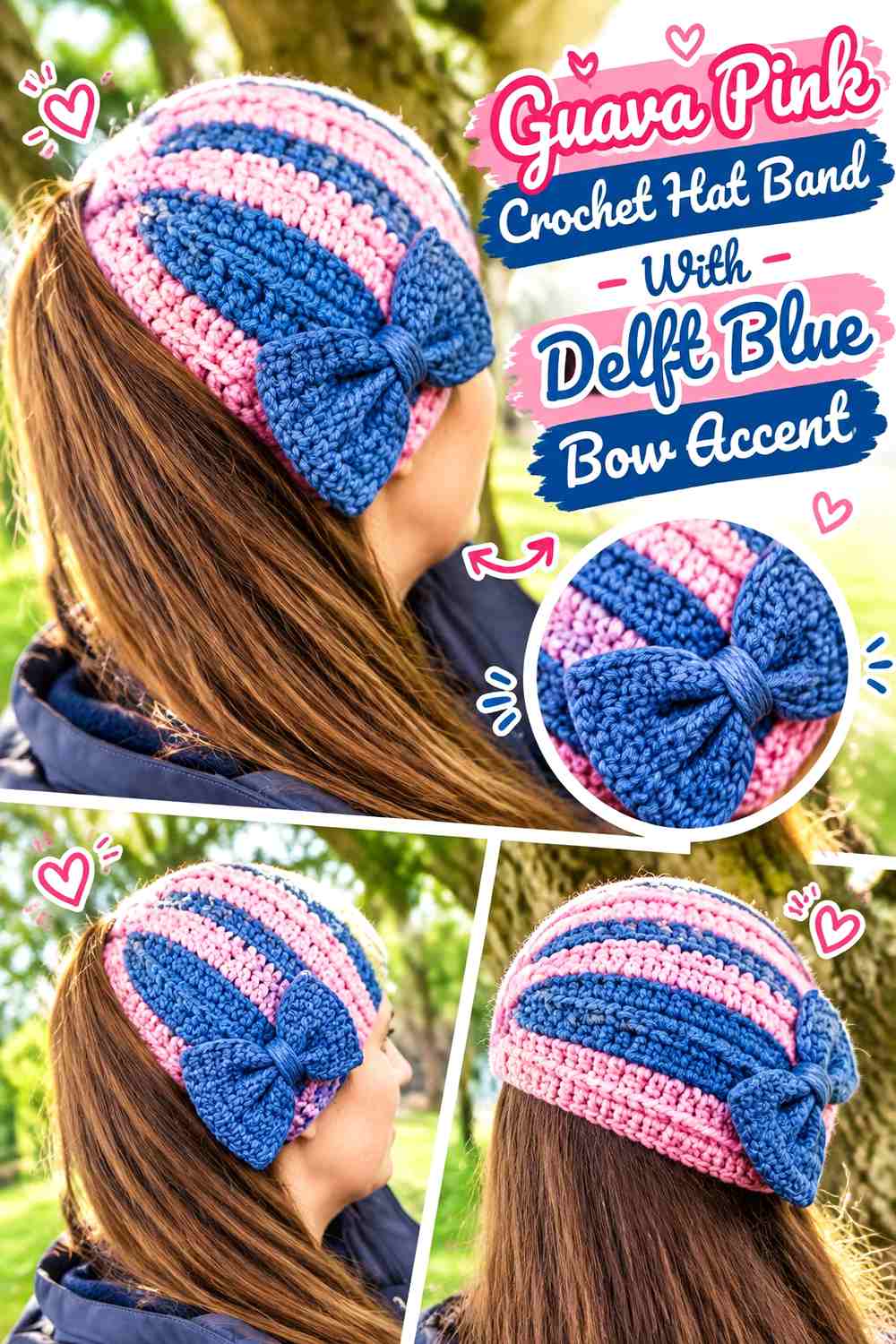 Guava Pink Crochet Hat Band With Delft Blue Bow Accent