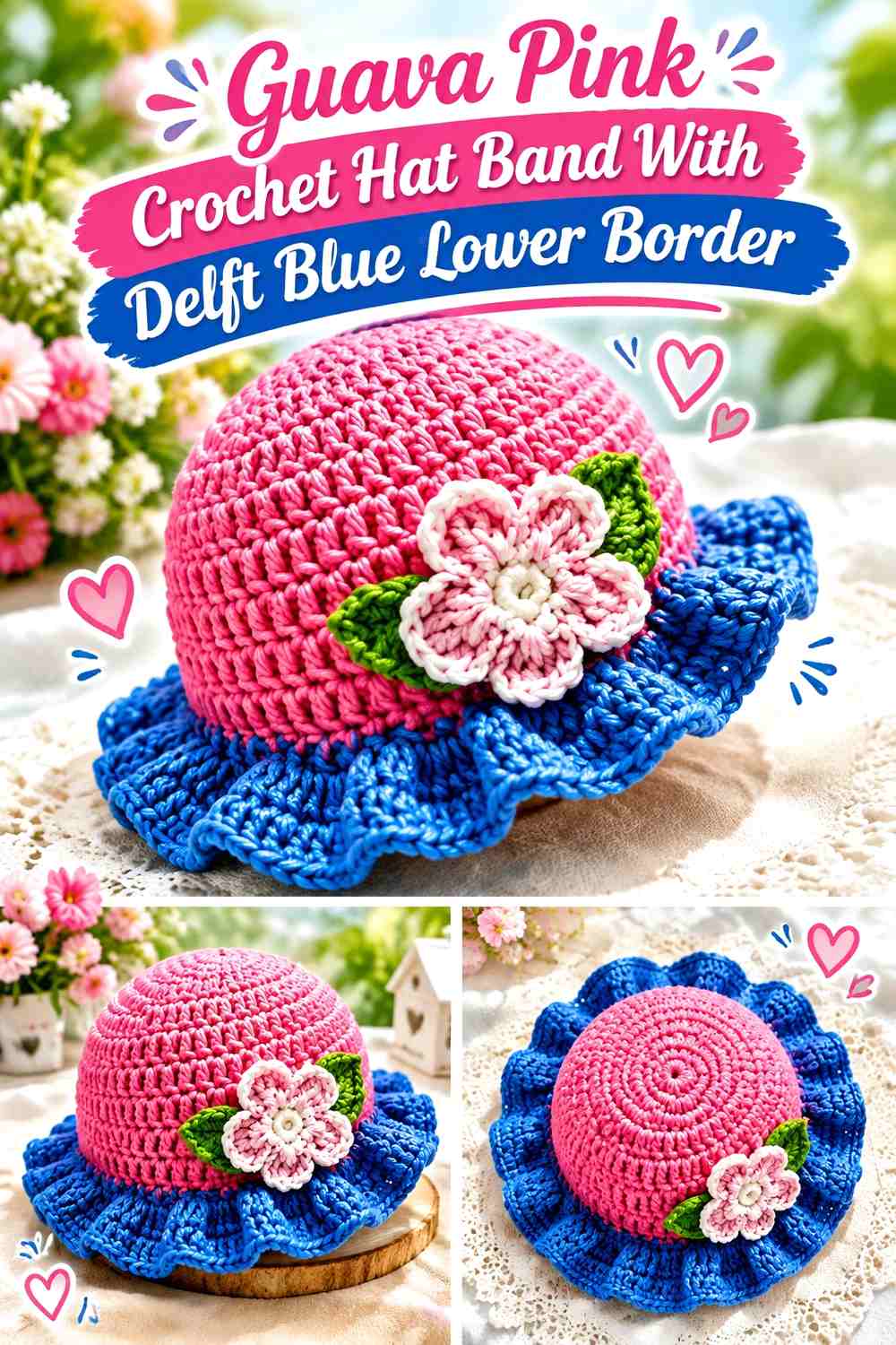 Guava Pink Crochet Hat Band With Delft Blue Lower Border