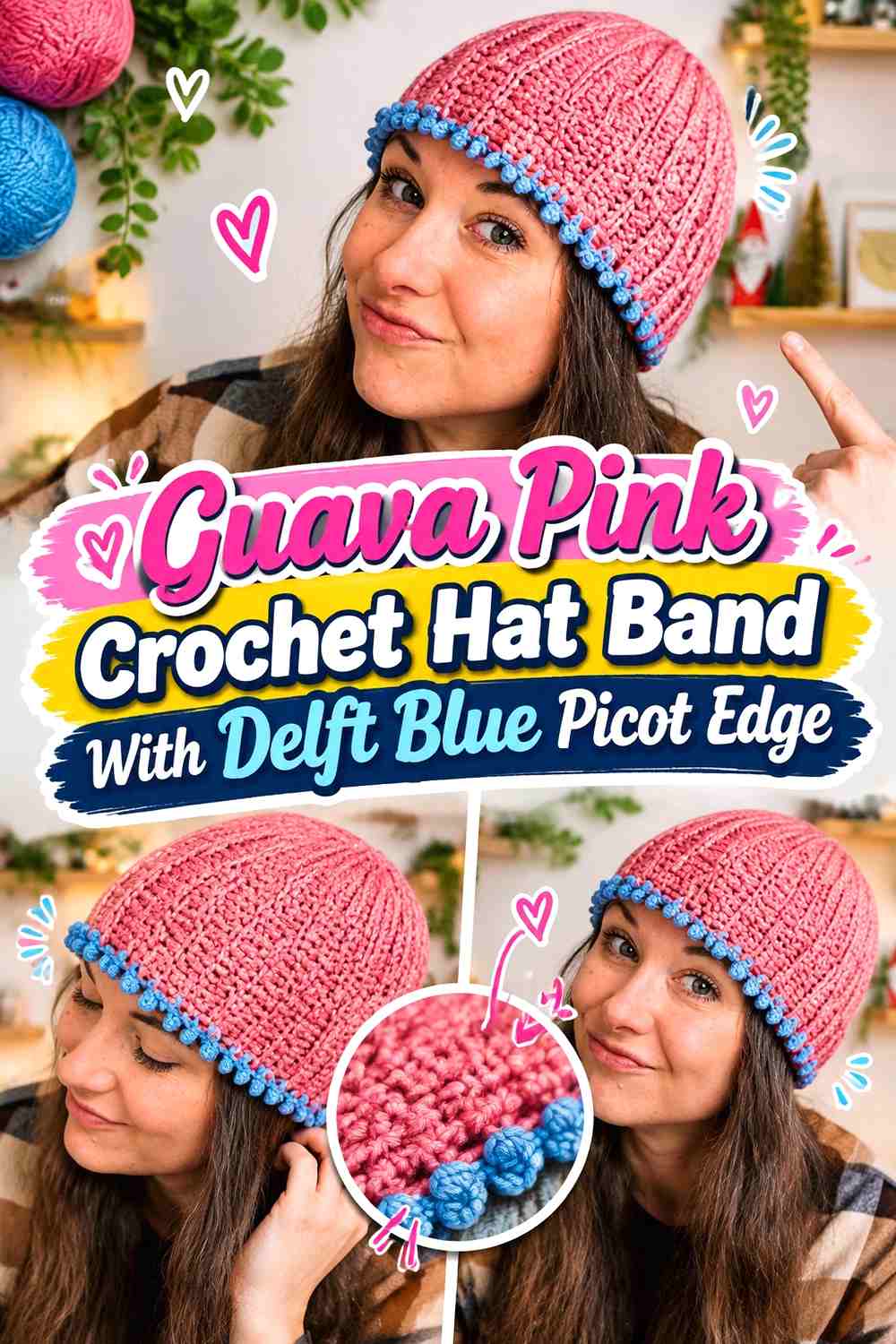 Guava Pink Crochet Hat Band With Delft Blue Picot Edge