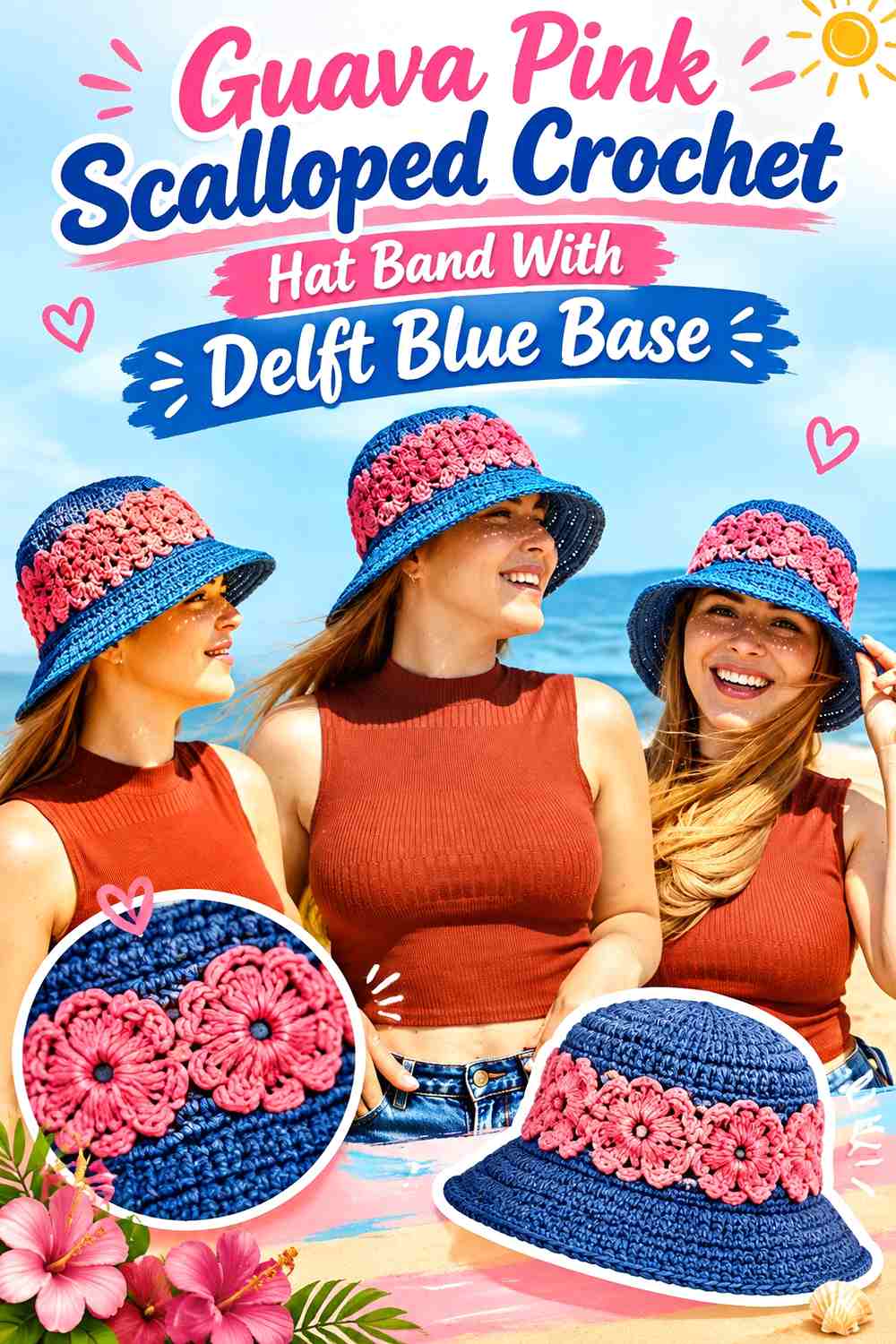 Guava Pink Scalloped Crochet Hat Band With Delft Blue Base