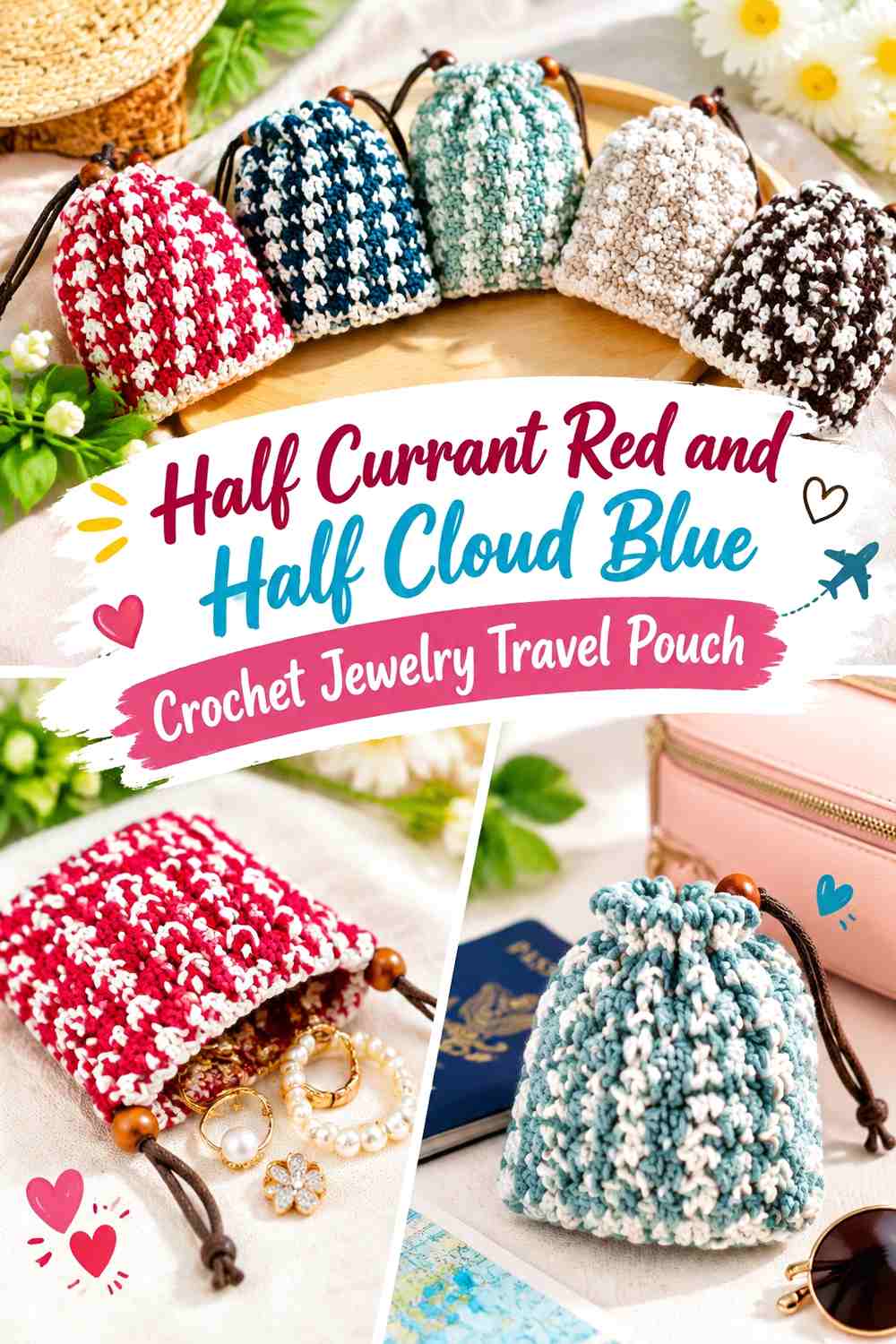 Half Currant Red and Half Cloud Blue Crochet Jewelry Travel Pouch