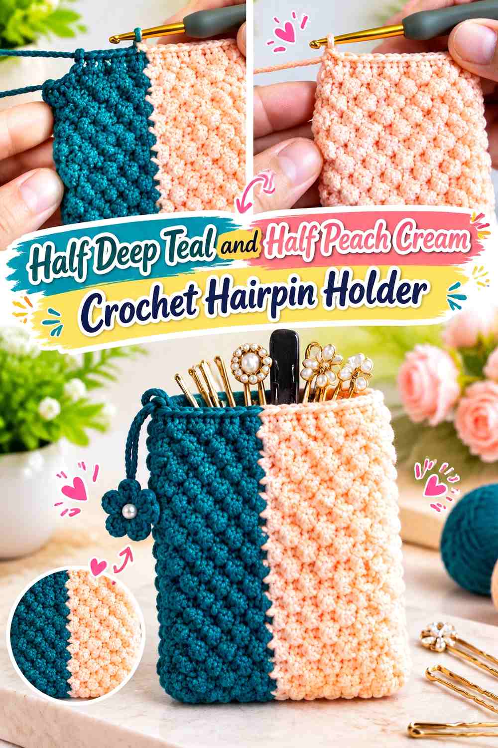 Half Deep Teal and Half Peach Cream Crochet Hairpin Holder