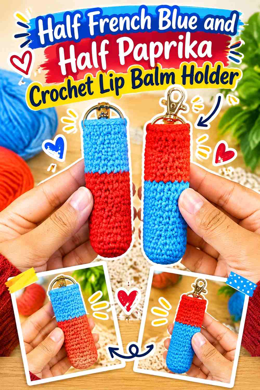 Half French Blue and Half Paprika Crochet Lip Balm Holder
