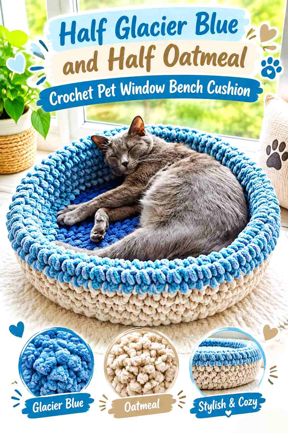 Half Glacier Blue and Half Oatmeal Crochet Pet Window Bench Cushion