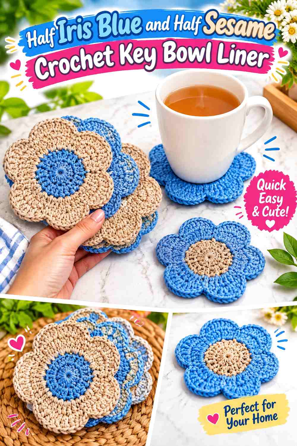 Half Iris Blue and Half Sesame Crochet Key Bowl Liner