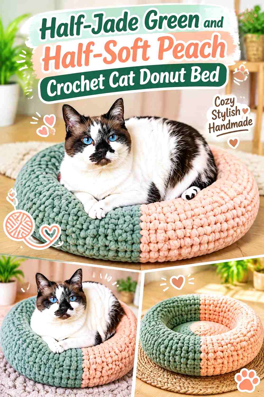Half-Jade Green and Half-Soft Peach Crochet Cat Donut Bed