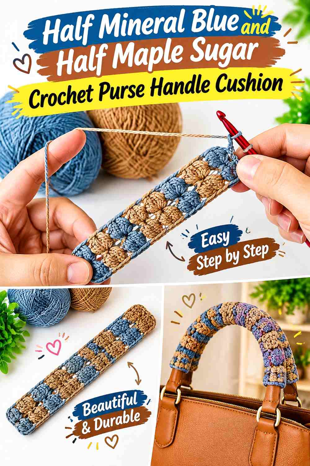 Half Mineral Blue and Half Maple Sugar Crochet Purse Handle Cushion