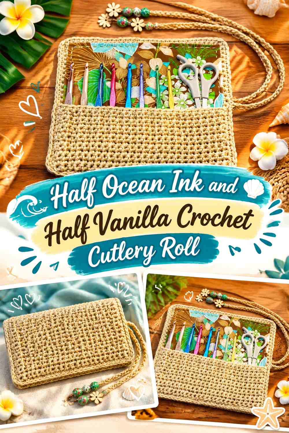 Half Ocean Ink and Half Vanilla Crochet Cutlery Roll