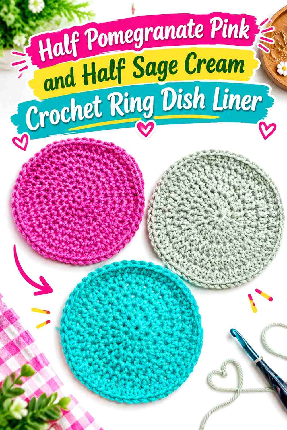 Half Pomegranate Pink and Half Sage Cream Crochet Ring Dish Liner