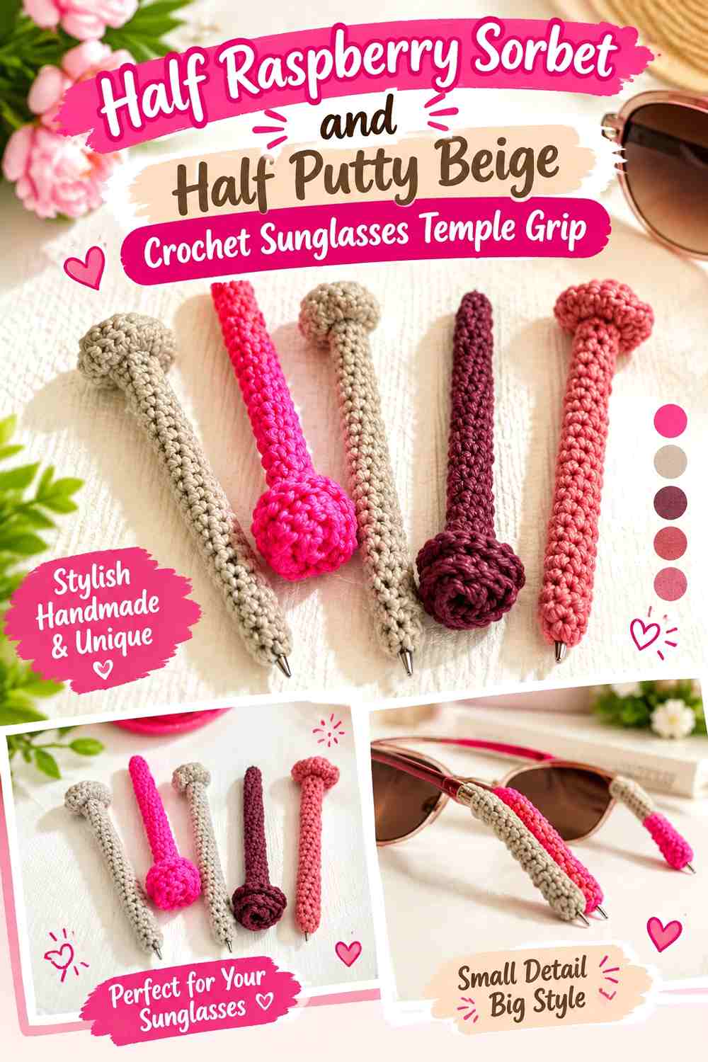 Half Raspberry Sorbet and Half Putty Beige Crochet Sunglasses Temple Grip