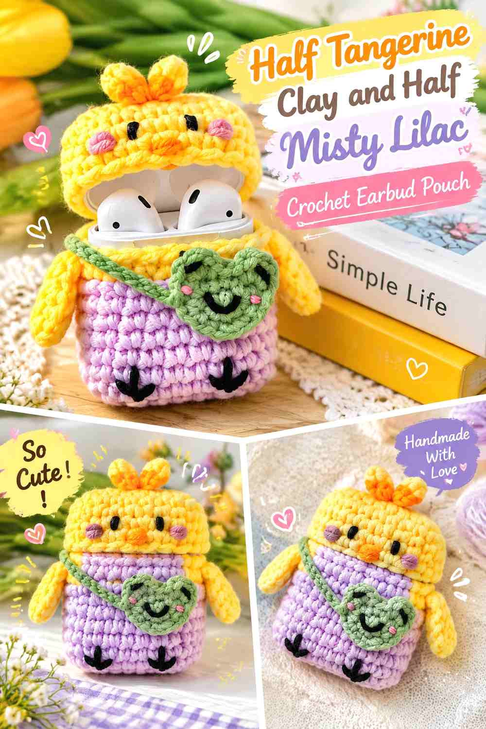 Half Tangerine Clay and Half Misty Lilac Crochet Earbud Pouch