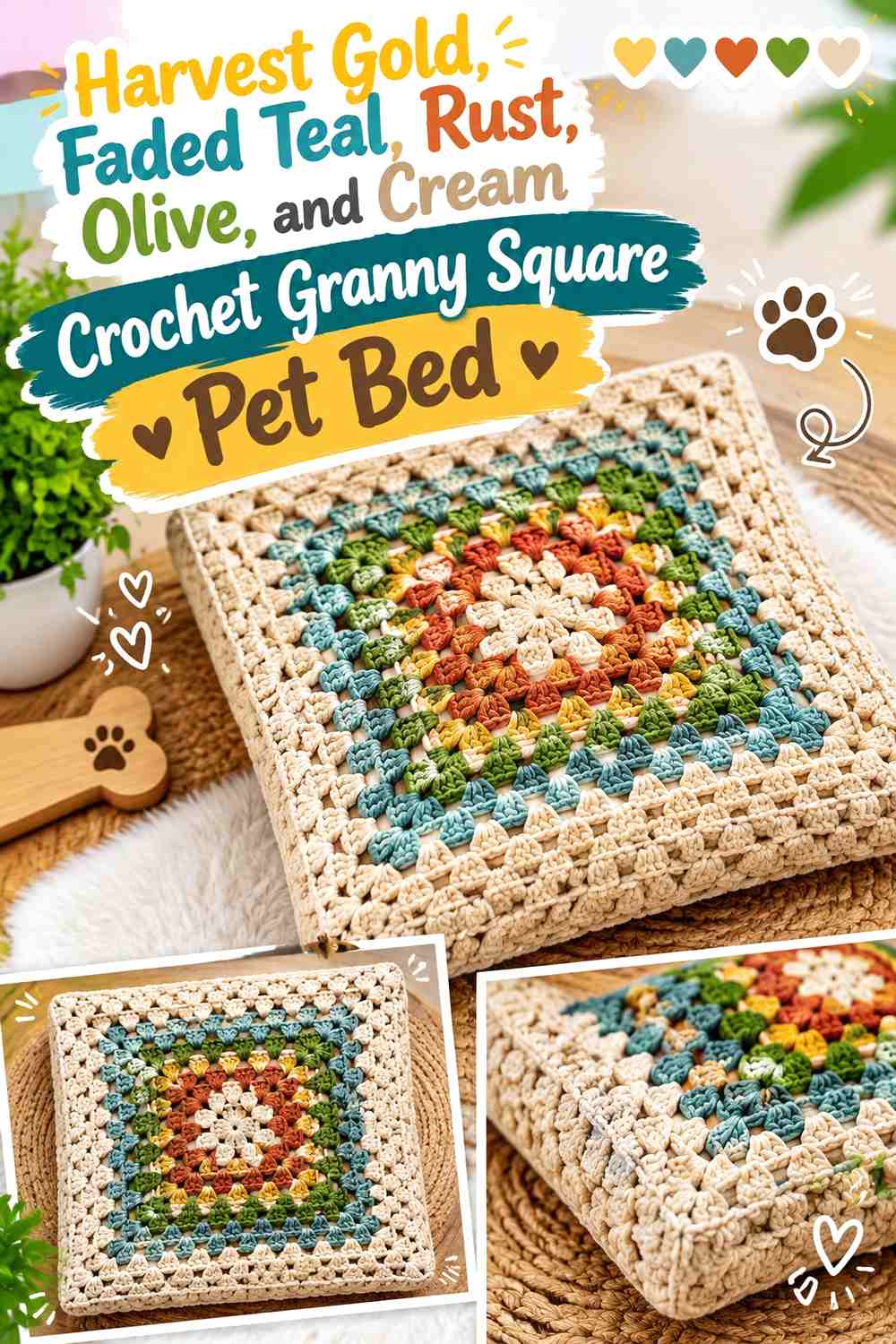 Harvest Gold, Faded Teal, Rust, Olive, and Cream Crochet Granny Square Pet Bed