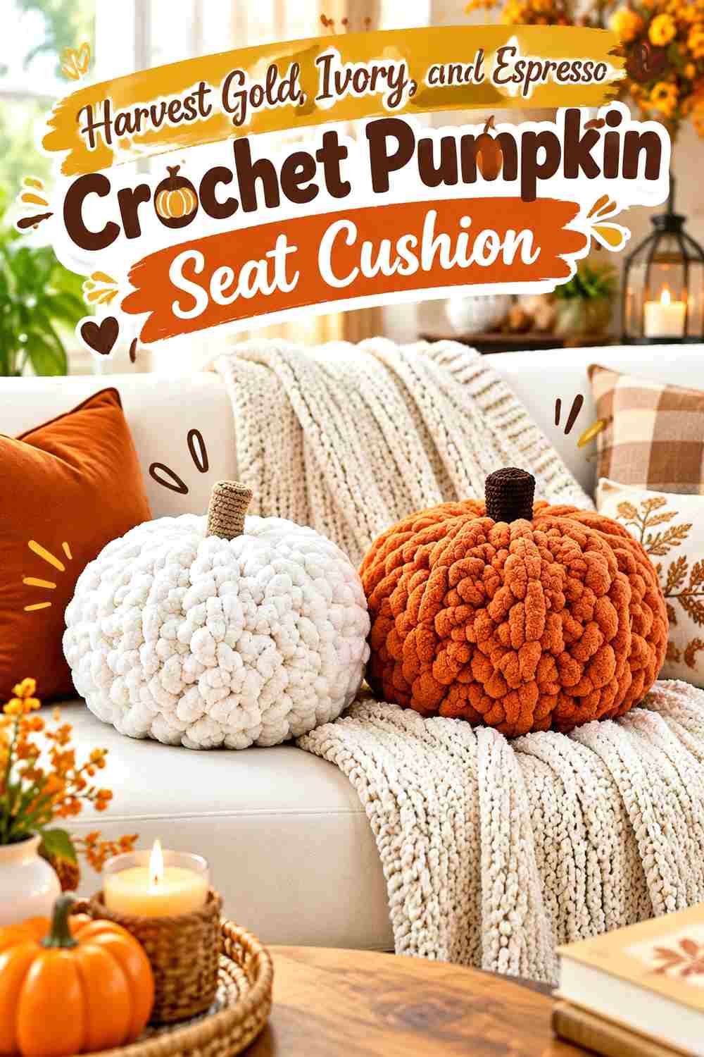 13. Harvest Gold Ivory And Espresso Crochet Pumpkin Seat Cushion