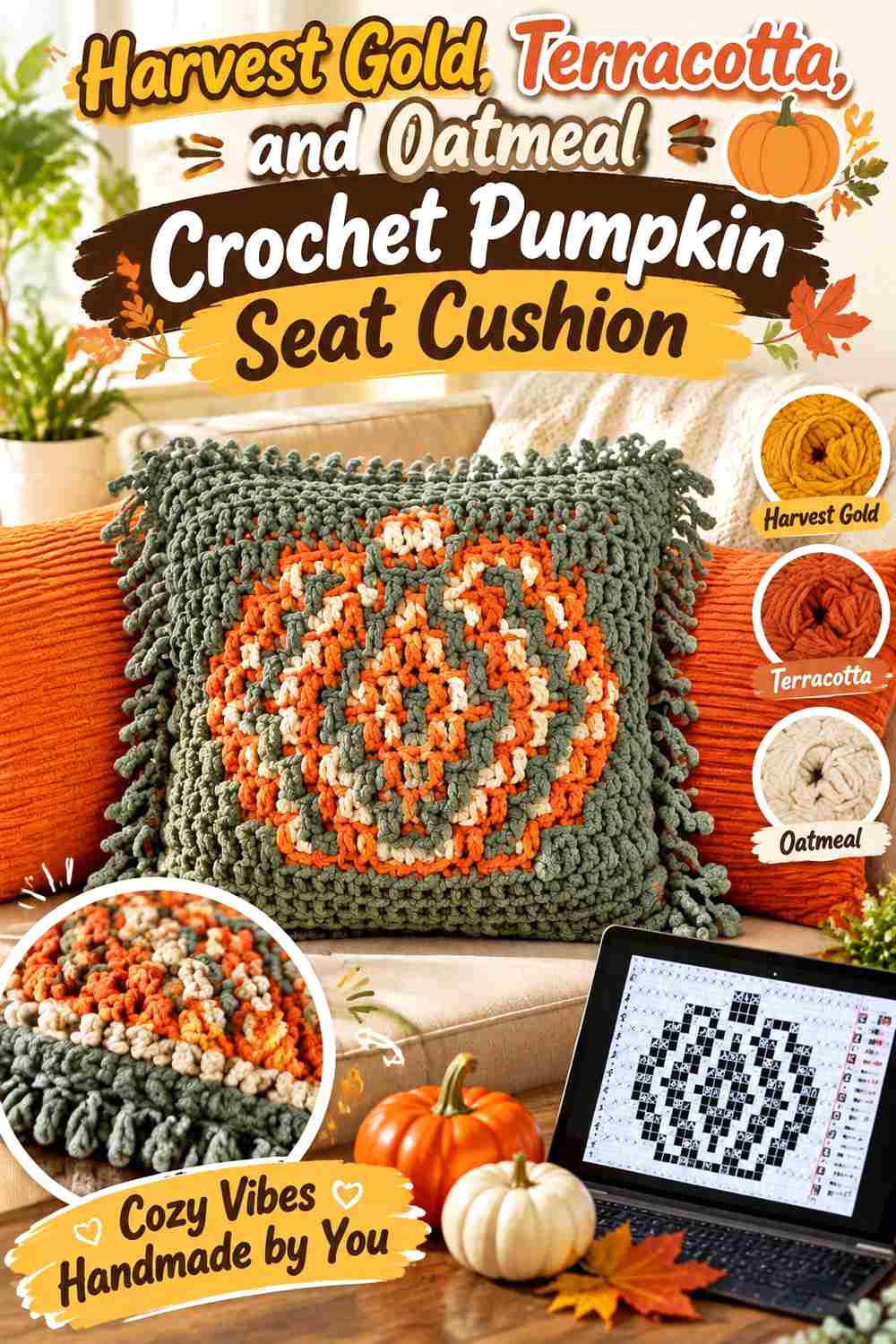 9. Harvest Gold Terracotta And Oatmeal Crochet Pumpkin Seat Cushion