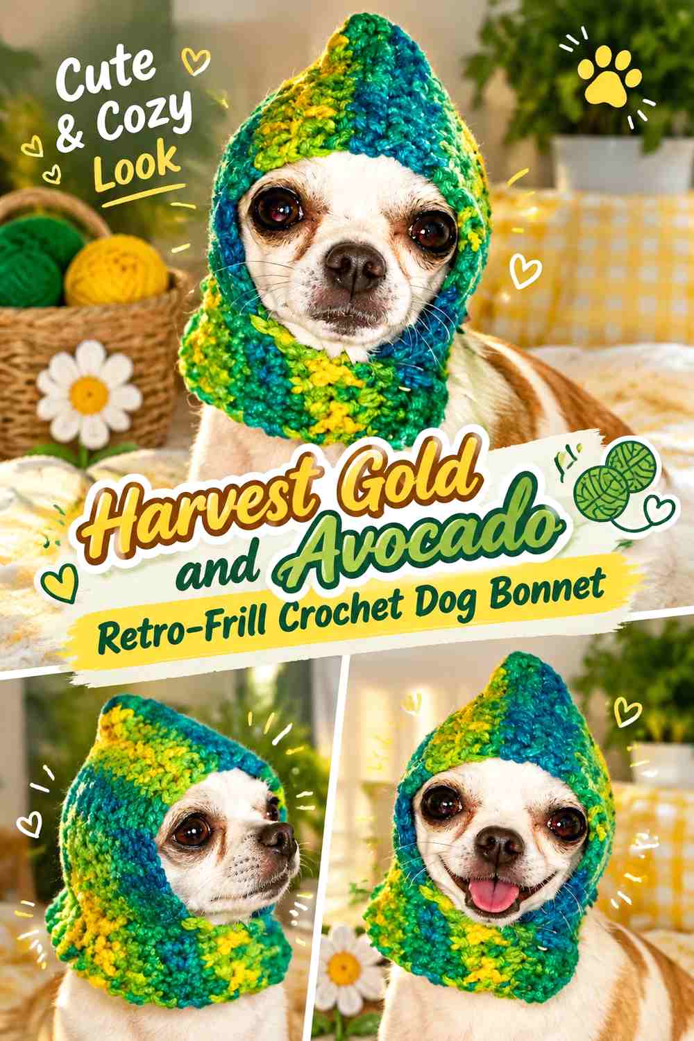 Harvest Gold and Avocado Retro-Frill Crochet Dog Bonnet