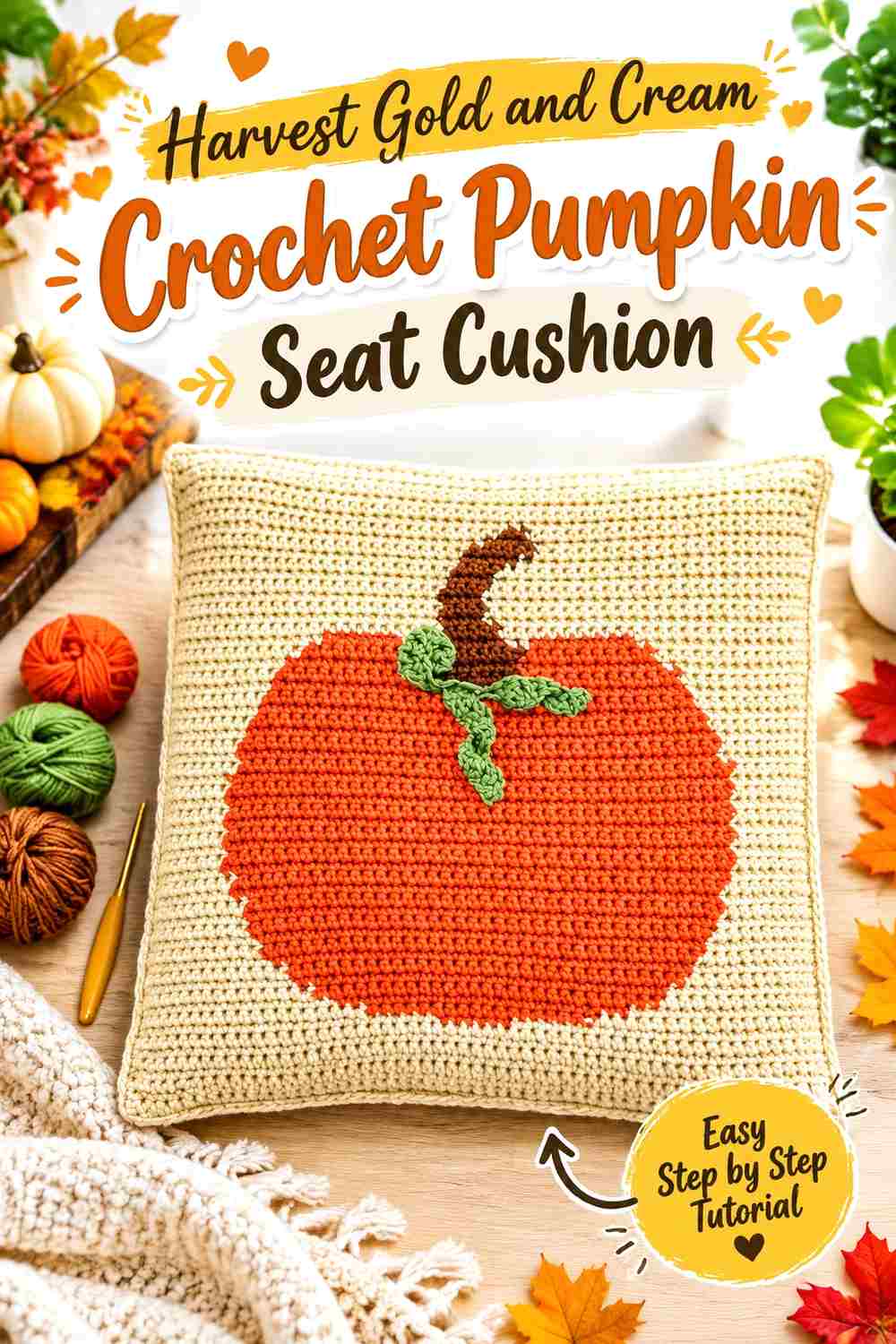 1. Harvest Gold And Cream Crochet Pumpkin Seat Cushion