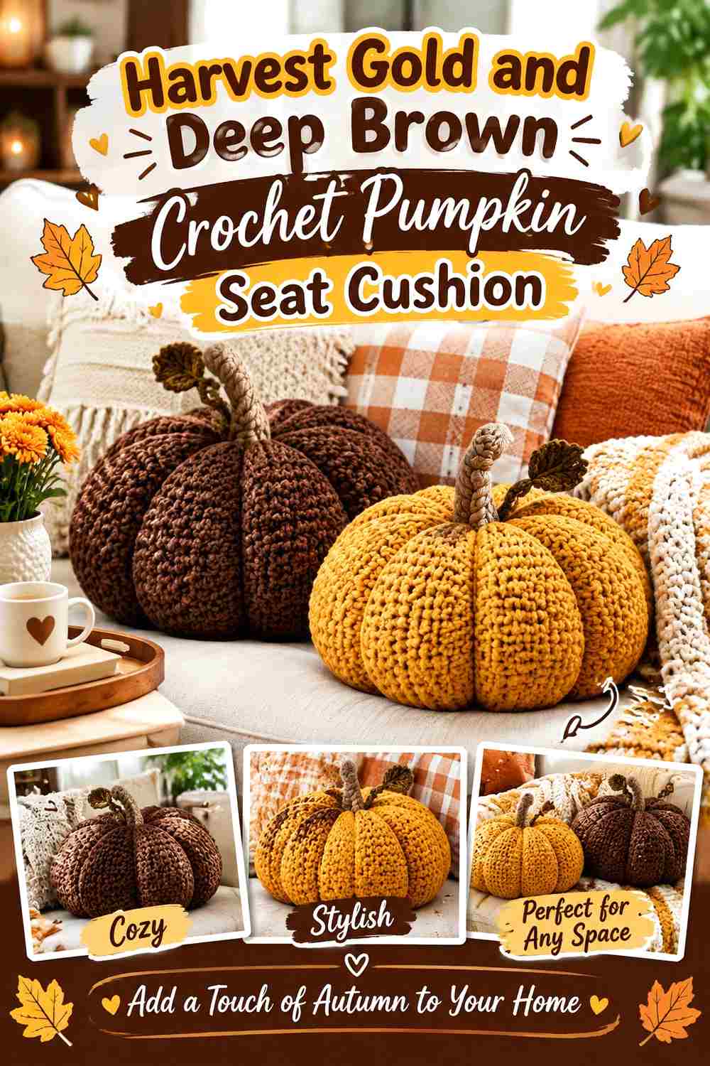 4. Harvest Gold And Deep Brown Crochet Pumpkin Seat Cushion