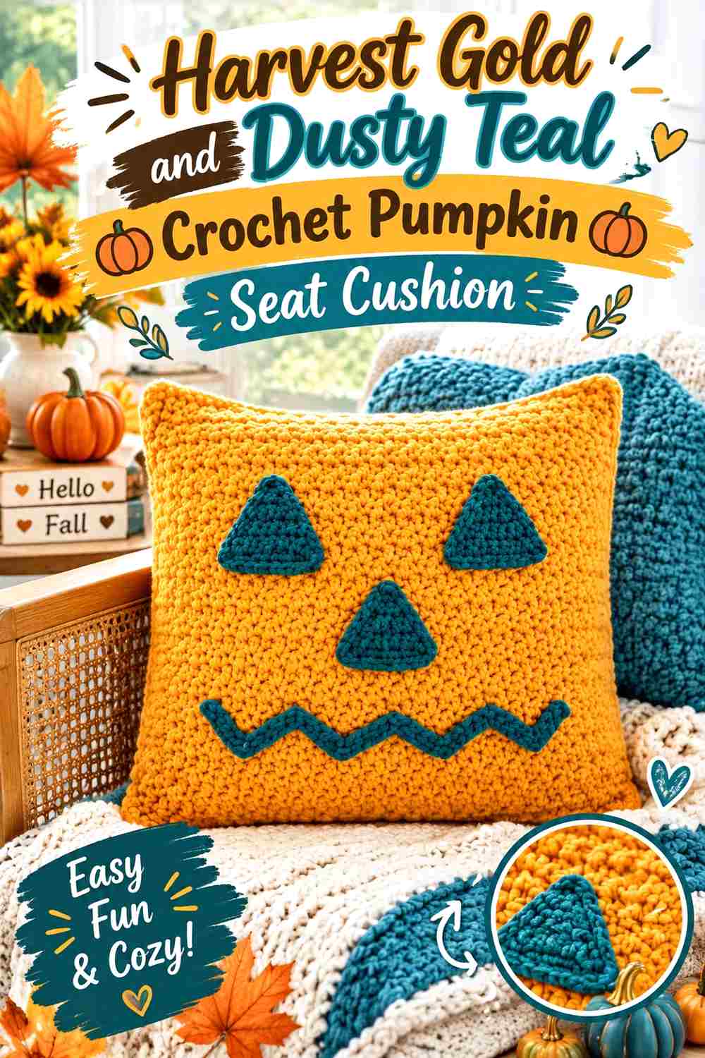 11. Harvest Gold And Dusty Teal Crochet Pumpkin Seat Cushion
