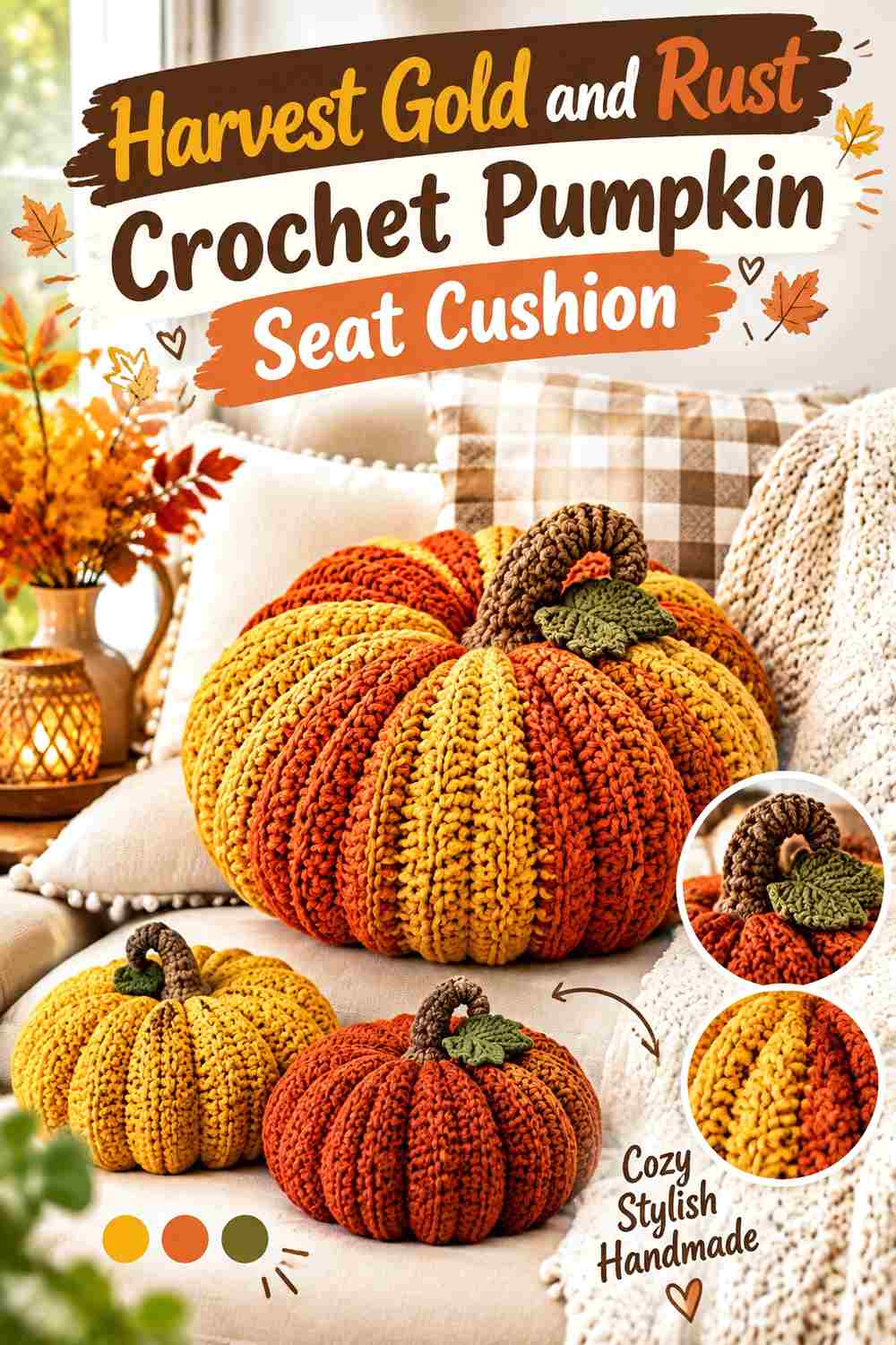 3. Harvest Gold And Rust Crochet Pumpkin Seat Cushion