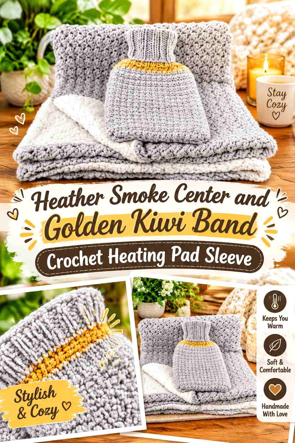 Heather Smoke Center and Golden Kiwi Band Crochet Heating Pad Sleeve