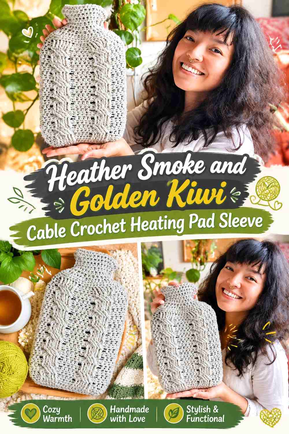 Heather Smoke and Golden Kiwi Cable Crochet Heating Pad Sleeve