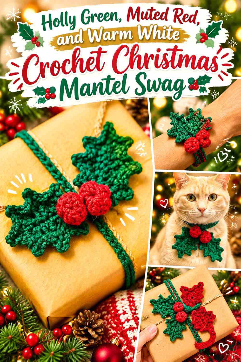 Holly Green, Muted Red, and Warm White Crochet Christmas Mantel Swag