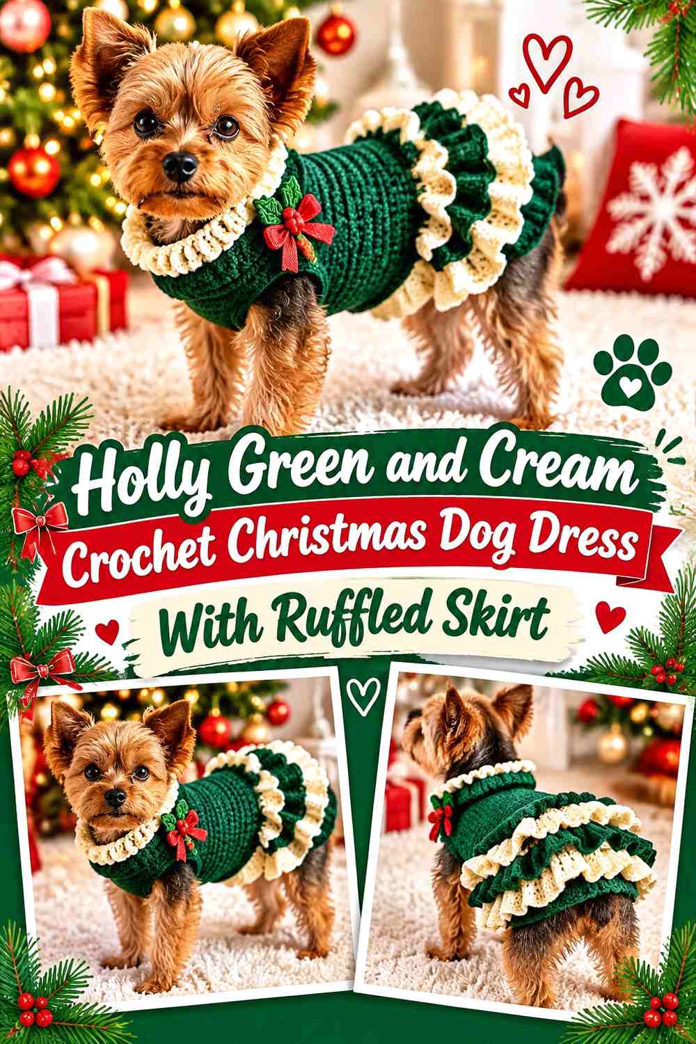 Holly Green and Cream Crochet Christmas Dog Dress With Ruffled Skirt