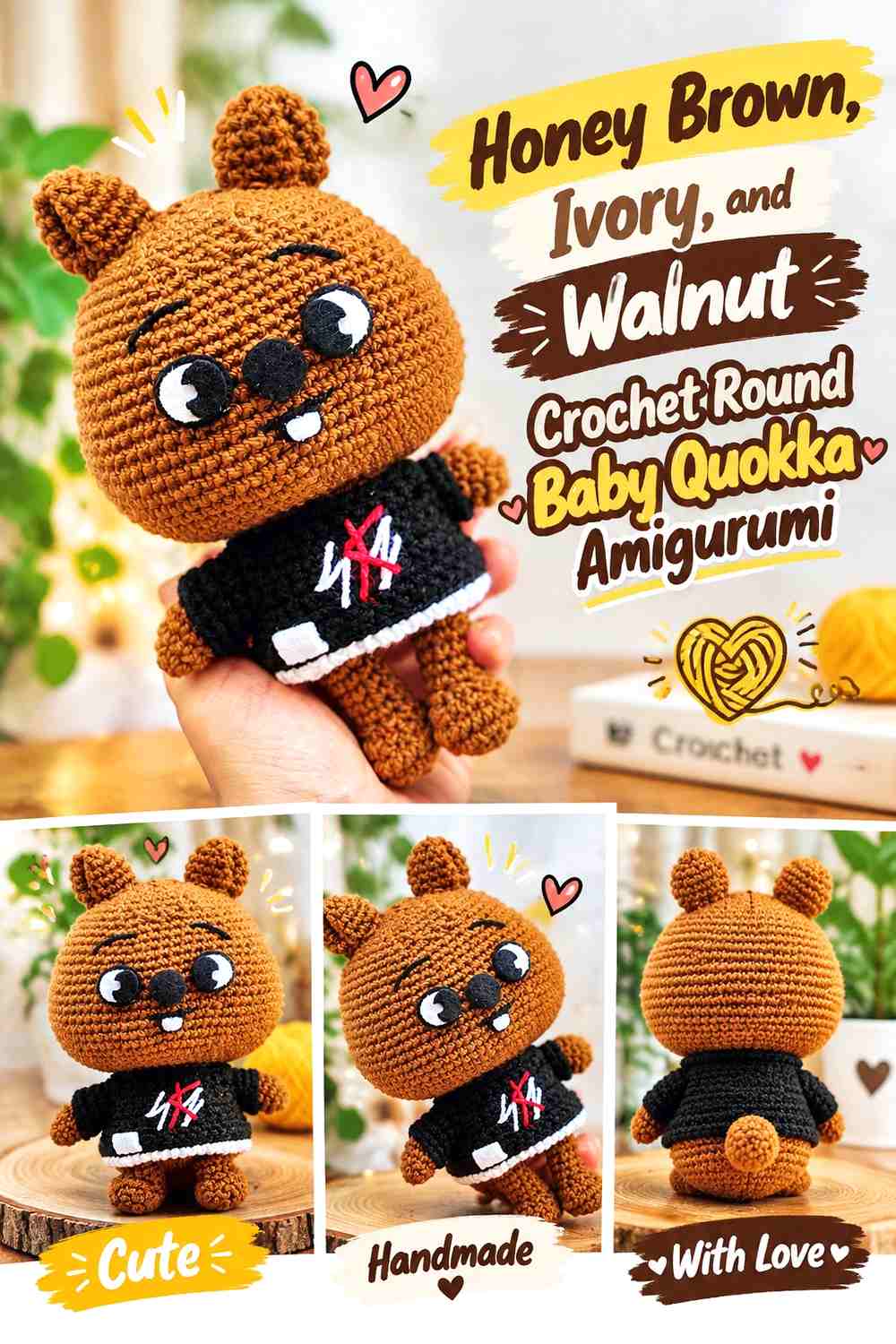 Honey Brown, Ivory, and Walnut Crochet Round Baby Quokka Amigurumi