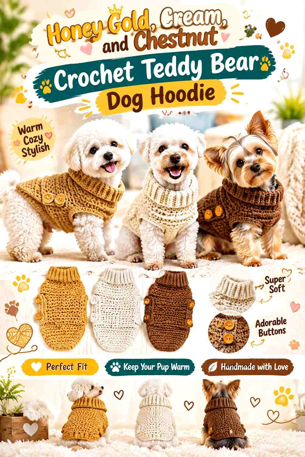 Honey Gold, Cream, and Chestnut Crochet Teddy Bear Dog Hoodie